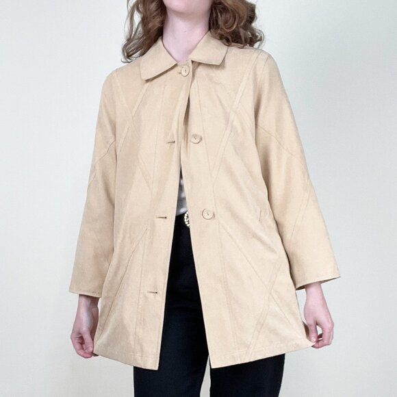 Vintage 90s Y2K Long Faux Suede Leather Peacoat Trench Jacket Quiet Luxury Coat - Picture 6 of 9